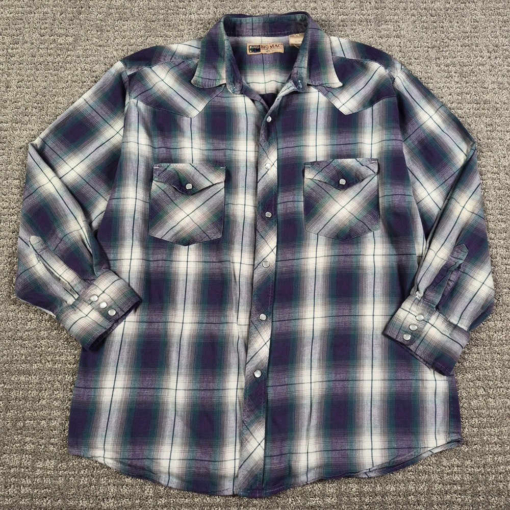 Vintage Big Mac Flannel Shirt Mens XL Purple Shadow Plaid Western Pearl Snap